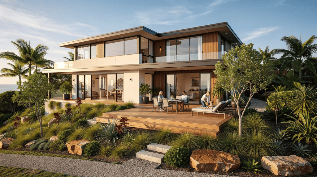 A modern double-storey family home on an elevated Buderim block with native landscaping, large windows capturing coastal light, and a timber deck where a family enjoys their new home.